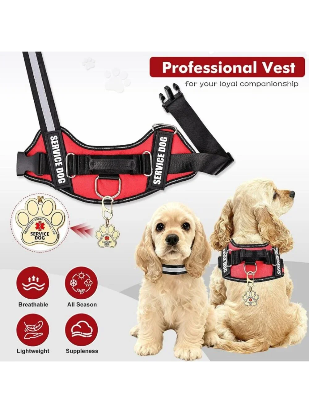 Service Dog Vest with ID Tag & 50 ADA Cards - Durable Harness, ESA Accessory Set